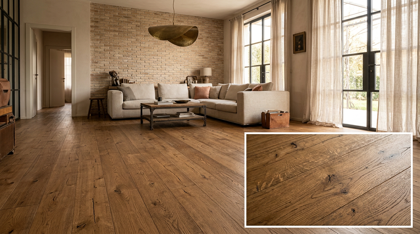 Rovere Vissuto posato in salotto industrial chic